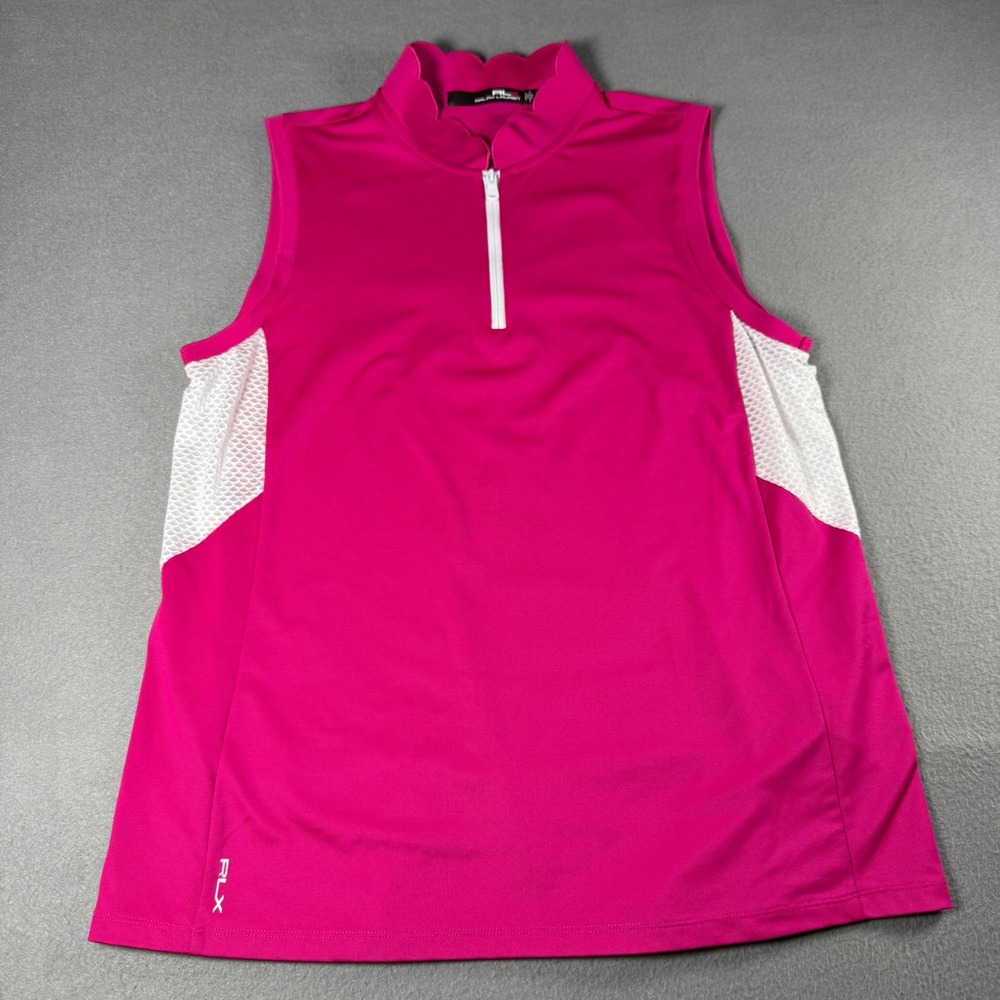 RLX Ralph Lauren Womens Golf Top Large Pink Scalloped Neck Sleeveless Mesh Zip